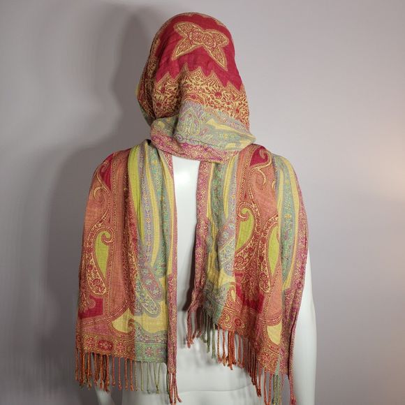Very Colorful & Versatile Paisley Print 71" x 17" Scarf with 2.5" Tassels - Picture 5 of 16